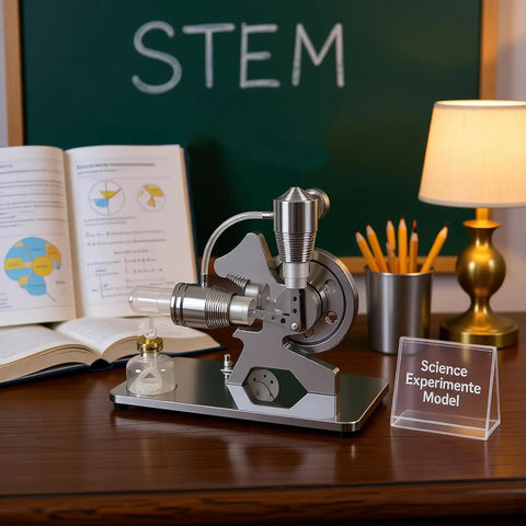 Hot Air Stirling Engine Educational Toy Kit With Multicolor LED Lights And DIY Electricity Generator Unique L Shape Engine Design Hands On Science Kit For Curious Minds And Kids. L-shape metal Stirling engine model on desk