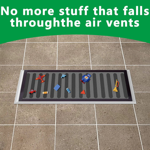 8 Pack Magnetic Floor Vent Covers 5.5x12 Inch Rectangle PVC Mesh with toys on a tiled floor.