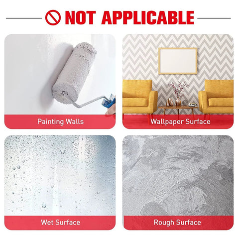 Double-sided mounting foam tape; heavy-duty, waterproof; surfaces shown: painting walls, wallpaper, wet, rough.