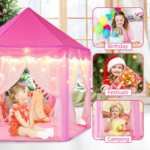 Princess Castle Tent For Girls With Star Lights Large Indoor Outdoor Playhouse Private Hideaway For Kids 55 Inch By 53 Inch Castle
