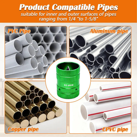 Product compatible pipes for all in one pipe deburring and depth gauge kit, showing PVC, copper, aluminum, and CPVC pipes