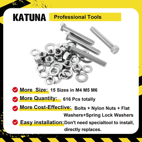 Front view of Katuna 304 stainless steel bolt and nut assortment kit, 616 pcs with M4–M6 bolts, nuts, flat and spring washers