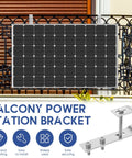 Heavy Duty Solar Panel Balcony Bracket Kit installed on a railing, showcasing 304 stainless steel hooks and secure mount.