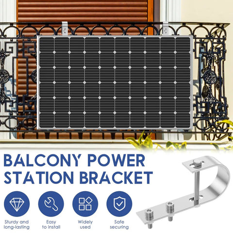 Heavy Duty Solar Panel Balcony Bracket Kit installed on a railing, showcasing 304 stainless steel hooks and secure mount.