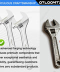 Left side view of 4 Piece Adjustable Wrench Set Featuring 6 8 10 12 Inch Wrenches, Industrial Grade Chrome Vanadium Steel, wide jaws.