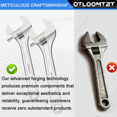 Left side view of 4 Piece Adjustable Wrench Set Featuring 6 8 10 12 Inch Wrenches, Industrial Grade Chrome Vanadium Steel, wide jaws.