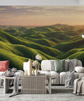 Custom Peel And Stick Wall Mural Featuring Lush Green Meadow Scene in modern living room, 430x300cm waterproof matte finish.