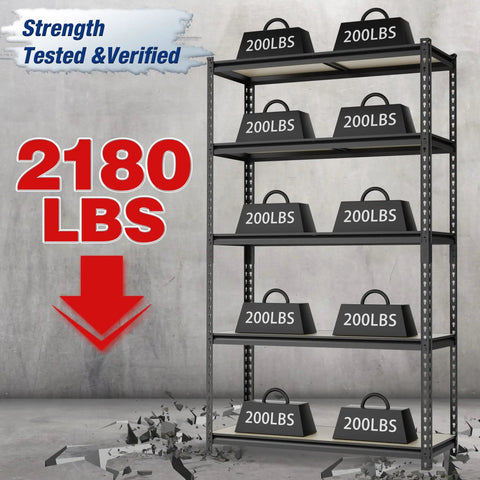 Straight Up Heavy Duty Storage Shelves Rock Solid 5 Tier Black Metal Rack 2180 Lb Capacity Adjustable Garage And Workshop Organizer Steel Frame Unit For All Gear with weights showing capacity.