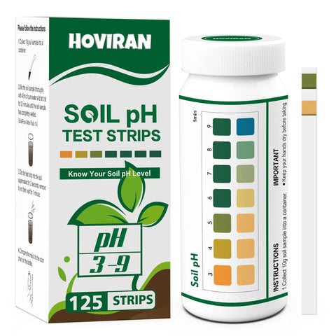 Box and container of All In One Soil pH Test Kit With 125 Strips 3 To 9 pH Range Fast And Accurate Readings For Gardens Lawns Farms