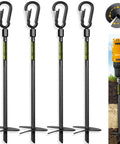 18 Inch Heavy Duty Screw In Ground Anchors Deliver A Hardcore 1000 Lb Hold Made From Tough Tungsten Steel With Easy Detachable Carabiner Clips For Swing Sets Tents Gazebos And Trampolines 4 Pack displayed with drill and installation process.