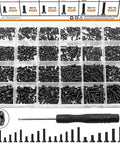 Top Shelf Laptop Screws Kit With 840 Pieces Featuring 24 Precise Sizes For Motherboard Repairs And Tough As Nails M2 SSD Mounting Includes Rock Solid Screwdriver For Stress Free Pc Maintenance, assortment of black screws in various sizes.