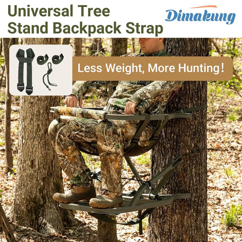 Hunter sitting on climbing stand using Heavy Duty Tree Stand Backpack Straps With Shoulder And Bungee Tether For Summit Viper Goliath Titian Climbing Treestands Hunt Deer Stand Gear Quiet Easy Carry Versatile Tree Climber Accessories