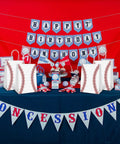 Baseball Theme Party Favor Bags With Handle, 12 Pack Kraft Paper Goodie Bags for game day displayed on decorated table.