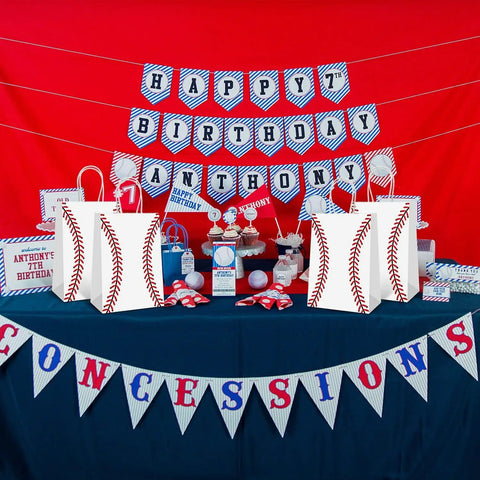 Baseball Theme Party Favor Bags With Handle, 12 Pack Kraft Paper Goodie Bags for game day displayed on decorated table.