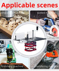 Aluminum Alloy Router Kit With Table Base Plate And Liftable Base for woodworking engraving and trimming, shown in various setups.
