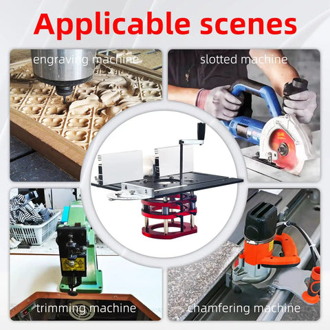 Aluminum Alloy Router Kit With Table Base Plate And Liftable Base for woodworking engraving and trimming, shown in various setups.