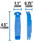 Three Tire Levers Set With TL-1.2 Narrow Tip, TL-4.2 Ergonomic Wide Flat Tip, And TL-6.2 Ultra Strong Build shown in blue with dimensions