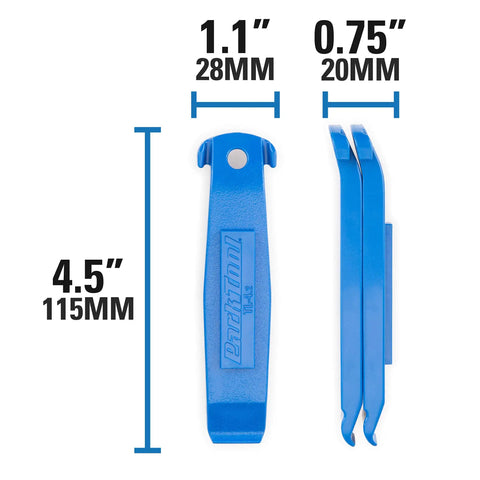 Three Tire Levers Set With TL-1.2 Narrow Tip, TL-4.2 Ergonomic Wide Flat Tip, And TL-6.2 Ultra Strong Build shown in blue with dimensions