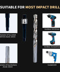 Image displaying M12X1.5 Thread Repair Kit elements like drill bits and cordless drivers suitable for most impact drills.