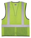 Rock Solid Class 2 High Visibility Safety Vest Featuring Hella Breathable Mesh Back And Sleek Black Front Zip Closure With Multiple Utility Pockets For Crews, rear view showing lime mesh and reflective strips.