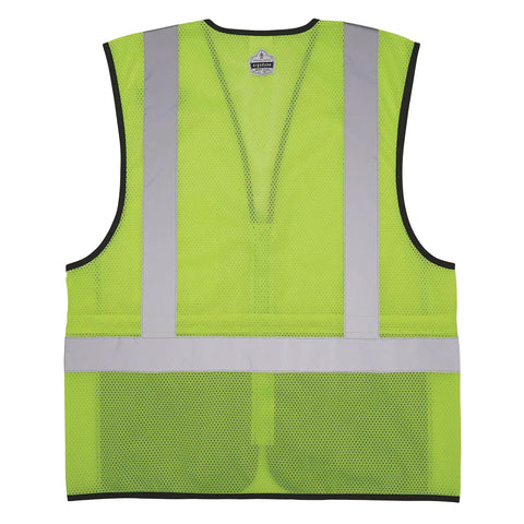 Rock Solid Class 2 High Visibility Safety Vest Featuring Hella Breathable Mesh Back And Sleek Black Front Zip Closure With Multiple Utility Pockets For Crews, rear view showing lime mesh and reflective strips.