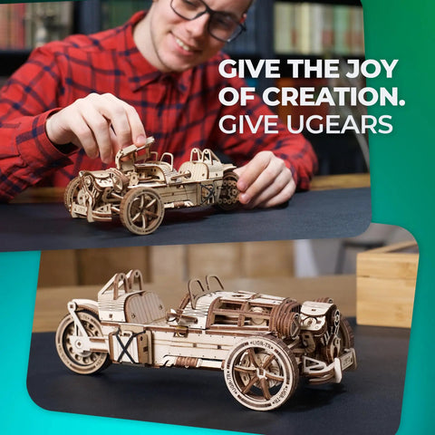 Three-Wheeler UGR-S Motorcycle Model Wooden 3D Puzzles For Adults - Wooden Model Kits For Adults Motorcycle Gifts For Men Kit With Spring Motor, Functional Steering Chain Drive DIY Model, wooden three-wheeler model on table
