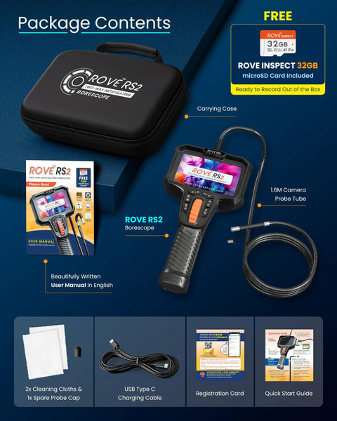 Articulating Borescope Camera With Light For Tight Spaces, 2-Way 210 Degree Flex Probe, Ultra Slim 6.2mm Wand, Hand Controls, Includes 32GB Card, Perfect For Engine, Plumbing, And Machinery Inspections., carrying case and included accessories