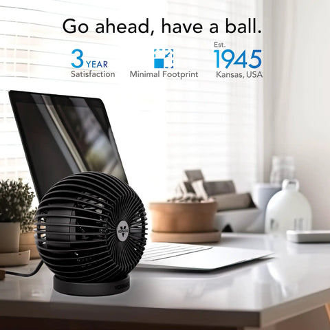 Sphere Personal Adjustable Desk Fan With Quiet Operation on office desk with laptop, compact design for desktop nightstand.
