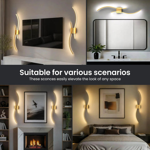 Battery Operated Wall Sconces Set Of Two Cordless LED Lights With Remote, Dimmable, 10000mAh Rechargeable, Gold Finish in room settings