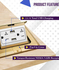 Soft Pop Up Floor Box Kit With 4A USB Charging, 20A Tamper Resistant Weatherproof Receptacle, nickel-plated brass cover