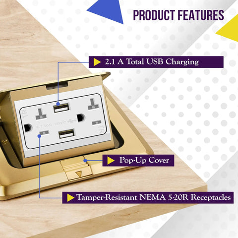 Soft Pop Up Floor Box Kit With 4A USB Charging, 20A Tamper Resistant Weatherproof Receptacle, nickel-plated brass cover
