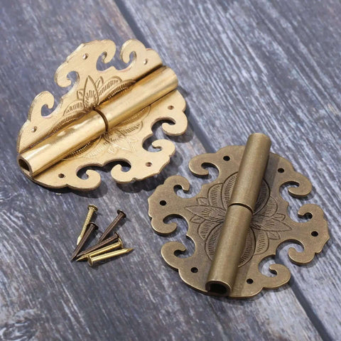 Two Piece Brass Flower Cloud Hinge Set For Jewelry Boxes And Furniture Decor with screws, 60x55mm, shown on wood surface
