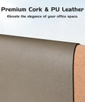 Close-up of Dual Sided Desk Mat with leather and cork surface, showing texture and material, 25.6 by 13.7 inches.