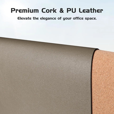 Close-up of Dual Sided Desk Mat with leather and cork surface, showing texture and material, 25.6 by 13.7 inches.