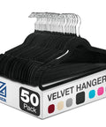 Black Velvet Hangers 50 Pack For Clothes, Non Slip Coat Hangers with 360 Degree Swivel Hooks packaged in a sleek box