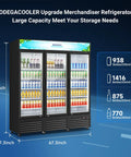 Real Deal 53 Cu Ft Three Door Commercial Display Refrigerator For Bodegas Beverage Merchandiser Cooler with glass panels and ample storage.