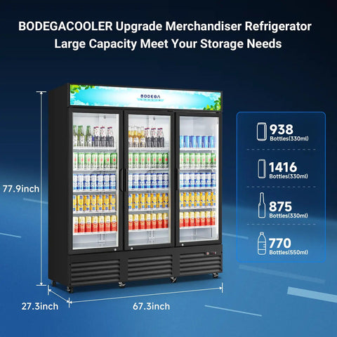 Real Deal 53 Cu Ft Three Door Commercial Display Refrigerator For Bodegas Beverage Merchandiser Cooler with glass panels and ample storage.