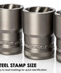 Close-up of sockets from 38 Piece Bolt Extractor Kit For Damaged Nuts And Bolts, Nut Extractor Socket Set with markings.