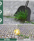 Image of Beast Of A Floor Scraper Garden Shovel With 82 Inch Adjustable Handle removing grass from walkway, before and after comparison.