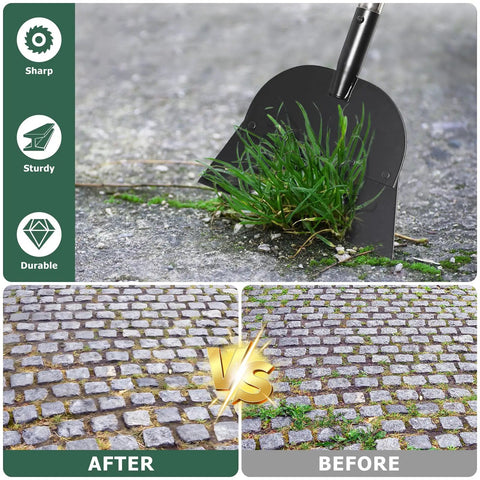 Image of Beast Of A Floor Scraper Garden Shovel With 82 Inch Adjustable Handle removing grass from walkway, before and after comparison.