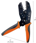 RF Coax Ratchet Crimp Tool for RG58 RG59 RG62 RG174 and fiber optic cables with orange non-slip PET handles, 6 cavities from 0.043 to 0.255 in, adjustable pressure.