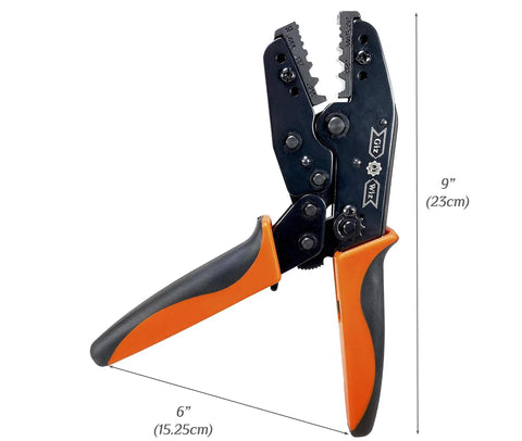 RF Coax Ratchet Crimp Tool for RG58 RG59 RG62 RG174 and fiber optic cables with orange non-slip PET handles, 6 cavities from 0.043 to 0.255 in, adjustable pressure.