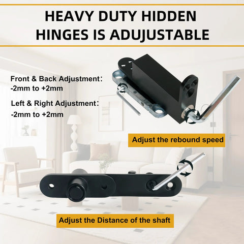Self Closing Pivot Door Hinge, Heavy Duty Hidden Door Hardware For Wood Secret Doors, black finish, adjustable settings