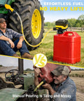 Grab And Run Cordless Fuel Transfer Pump With Smart Auto Shutoff And Slick Hand Trigger Nozzle Battery Powered Plus 12V Plug For Gas Or Diesel Heavy Duty Garage Rig in use with tractor and gas can.