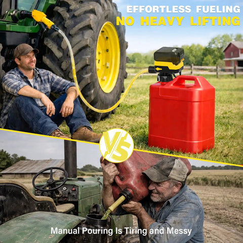 Grab And Run Cordless Fuel Transfer Pump With Smart Auto Shutoff And Slick Hand Trigger Nozzle Battery Powered Plus 12V Plug For Gas Or Diesel Heavy Duty Garage Rig in use with tractor and gas can.