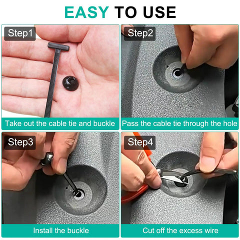 Steps showing installation of 150 Pcs Nylon Universal Cable Tie Buckles For Auto Repairs And Daily Maintenance on a panel.