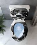 Toilet Seat Cover Elongated White Resin Bathroom Decor with a dog face design and blue eyes, sitting on a modern toilet.