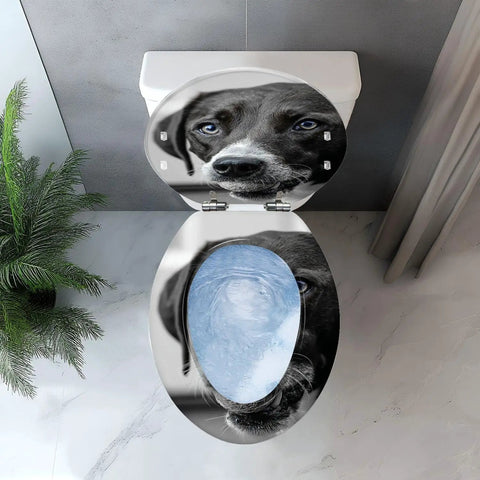 Toilet Seat Cover Elongated White Resin Bathroom Decor with a dog face design and blue eyes, sitting on a modern toilet.