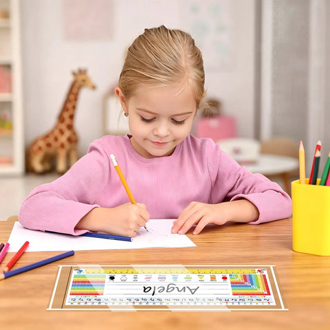 Child writing on a desk with a Clear Self Adhesive Desk Name Tag Pockets 40 Pack 14.5 By 4.3 Inch Thick Reusable Plastic Nameplate Sleeve