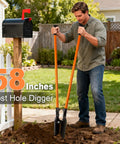 Man using Heavy Duty Post Hole Digger With Fiberglass Handle And Carbon Steel Blades 58 Inch Reach Orange And Black in garden